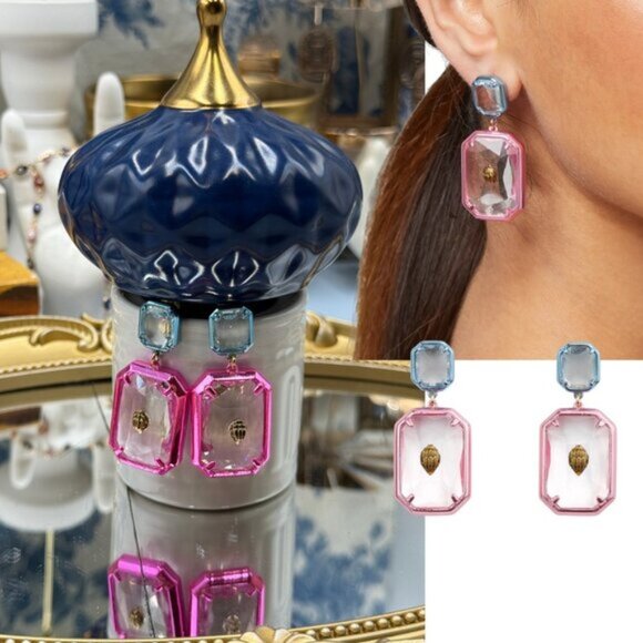 🆕 KURT GEIGER LONDON 🧿 NWOT Rectangle Stone Earrings, Metallic Blue & Pink - Picture 1 of 16